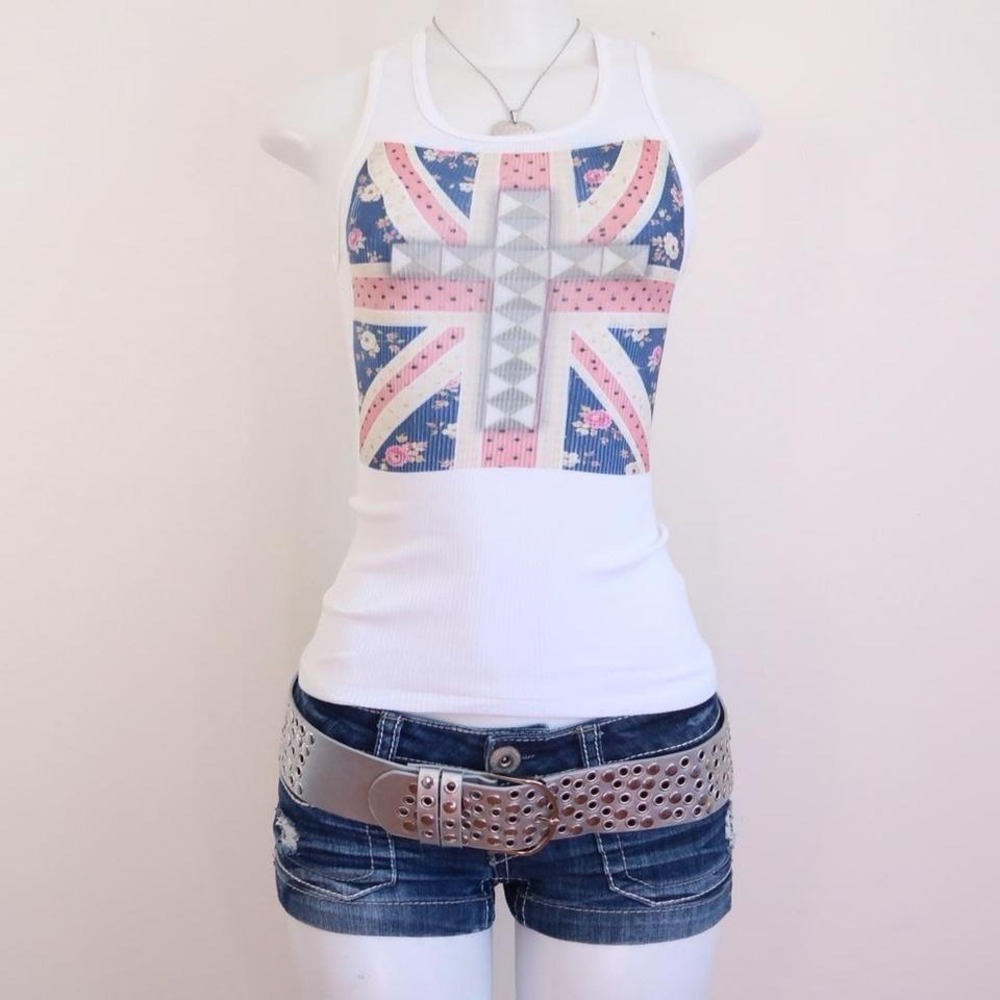 y2k dark floral union jack ribbed tank studded grunge top